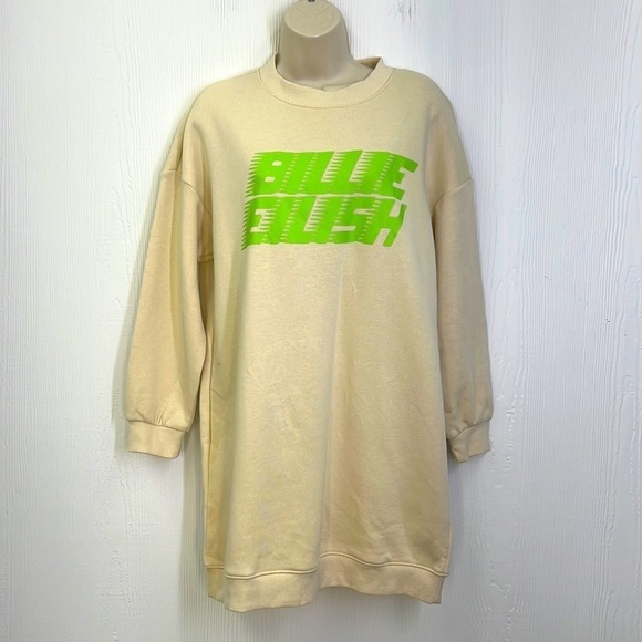 H&M - Billie Eilish Lime Green Graphic Tan Long Sleeve Sweatshirt Dress Size SM - Picture 1 of 11